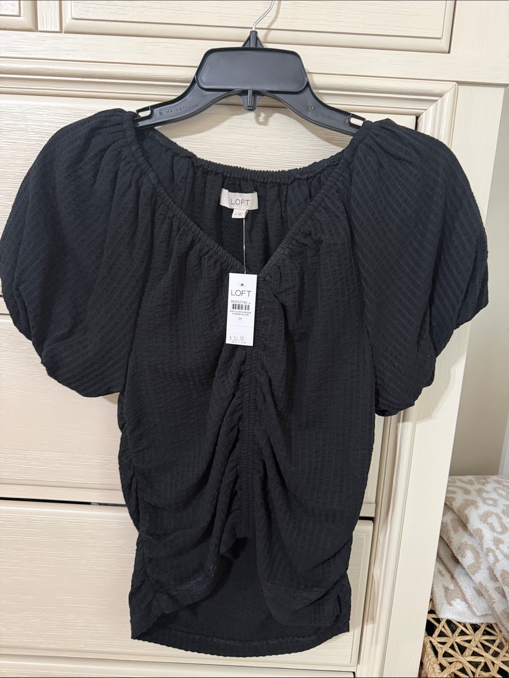 LOFT Black Puff Sleeve Ruched Front Blouse Medium
